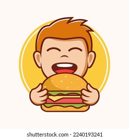Cartoon boy eating burger, burger logo template