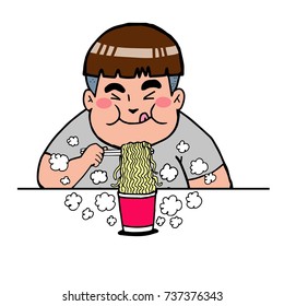 cartoon boy eating hot cup noodles