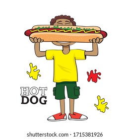 Cartoon Boy Eating Hot Dog, Child Enjoying Eating Of Fast Food Vector 