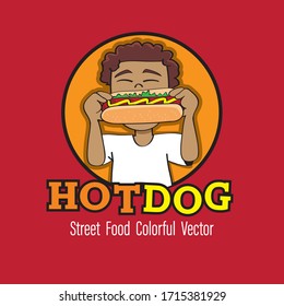 Cartoon boy eating hot dog, Child Enjoying Eating of Fast Food Vector 