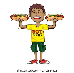 Cartoon boy eating hot dog, Child Enjoying Eating of Fast Food Vector 