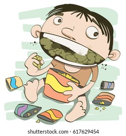 cartoon boy eating too much snack.