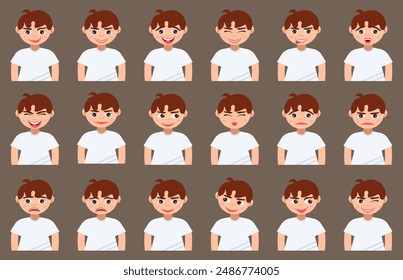 Cartoon boy emotion faces collection. Smiling children emotions