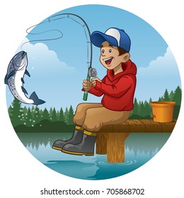 cartoon boy enjoying fishing in the lake
