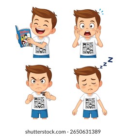 Desenhista expressando diferentes emoções: lendo, surpreso, com raiva e sonolento.