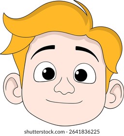Cartoon boy face with bright blond hair, big expressive eyes, and a calm, friendly smile.