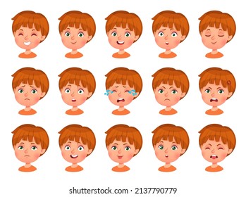 Cartoon boy face emotions and feelings. Cute kid character facial expressions, happy, sad, angry, question, surprise and bored. Kindergarten child avatar emoticon vector set