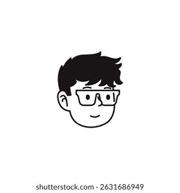 Cartoon Boy Face with Glasses – Black and White Line Art Avatar Illustration