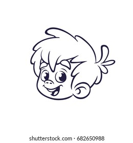 Cartoon Boy Face icon outlined. Vector illustration for coloring book. Black and white line art