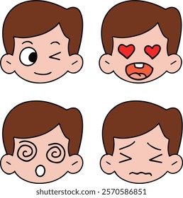 Cartoon boy face illustration set with four facial expressions: smiling, love, confused, and sad. Simple and colorful vector art suitable for educational, design, and children’s content