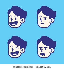 Cartoon boy face set with 4 expressive emotions: silly, laughing, playful, and surprised. Hand-drawn retro vector illustration on blue background. Perfect for stickers and t-shirt designs