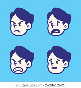 Cartoon boy face set with 4 expressive emotions: silly, laughing, playful, and surprised. Hand-drawn retro vector illustration on blue background. Perfect for stickers and t-shirt designs