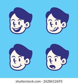 Cartoon boy face set with 4 expressive emotions: silly, laughing, playful, and surprised. Hand-drawn retro vector illustration on blue background. Perfect for stickers and t-shirt designs