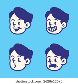 Cartoon boy face set with 4 expressive emotions: silly, laughing, playful, and surprised. Hand-drawn retro vector illustration on blue background. Perfect for stickers and t-shirt designs