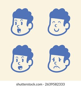 Cartoon boy face set with four different emotions: excited, calm, cheerful, and sad. Simple blue vector icons on light background. Perfect for stickers, emoji, or character UI packs