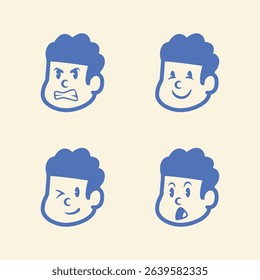 Cartoon boy face set with four different emotions: excited, calm, cheerful, and sad. Simple blue vector icons on light background. Perfect for stickers, emoji, or character UI packs