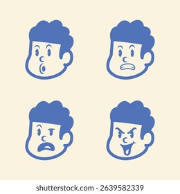 Cartoon boy face set with four different emotions: excited, calm, cheerful, and sad. Simple blue vector icons on light background. Perfect for stickers, emoji, or character UI packs