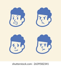 Cartoon boy face set with four different emotions: excited, calm, cheerful, and sad. Simple blue vector icons on light background. Perfect for stickers, emoji, or character UI packs