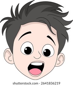 Cartoon boy face with spiky black hair and a surprised or excited open mouthed expression.