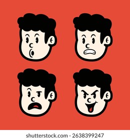 Cartoon boy facial expressions in flat vector style showing happy, sad, surprised, and cheerful emotions on red background. Editable character icons for various creative uses