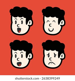 Cartoon boy facial expressions in flat vector style showing happy, sad, surprised, and cheerful emotions on red background. Editable character icons for various creative uses