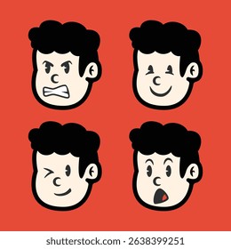 Cartoon boy facial expressions in flat vector style showing happy, sad, surprised, and cheerful emotions on red background. Editable character icons for various creative uses