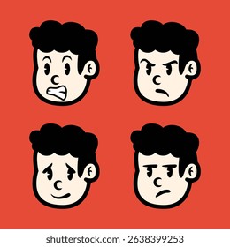 Cartoon boy facial expressions in flat vector style showing happy, sad, surprised, and cheerful emotions on red background. Editable character icons for various creative uses