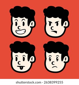 Cartoon boy facial expressions in flat vector style showing happy, sad, surprised, and cheerful emotions on red background. Editable character icons for various creative uses