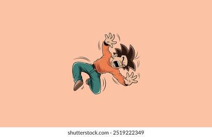 Cartoon boy falling with a scared expression on his face.