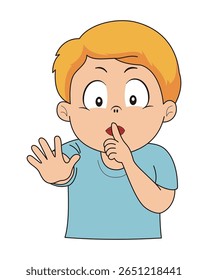 Cartoon boy com dedo nos lábios, sinalizando gesto "shh". O rosto expressivo gentilmente pede silêncio, lembrando aos outros de ficarem quietos e pararem de falar educadamente.