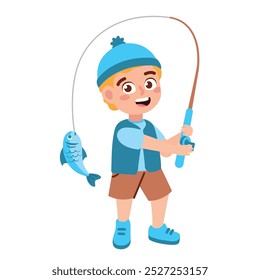 cartoon boy with fish isolated design