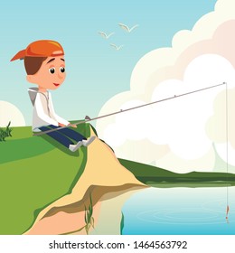 Cartoon Boy Fisher Sit on River Bank Vector Illustration. Kid Holding Fishing Rod. Child Fisherman Hobby. Summer Weekend Leisure Outdoors. Pond Lake Shore Pier. Fishing Relax Recreation