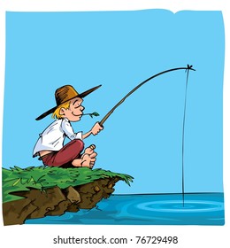 Cartoon Of A Boy Fishing. He Is On A Riverbank