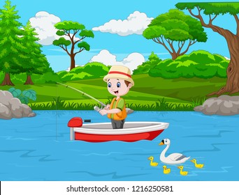 Niño de caricatura pescando en un bote