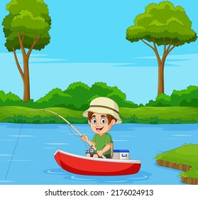 Cartoon boy fishing on a boat