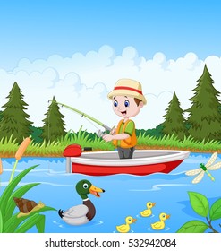 Cartoon boy fishing on a boat