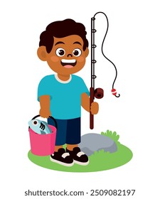 cartoon boy and fishing rod isolated