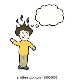 cartoon boy with floating hair and thought bubble
