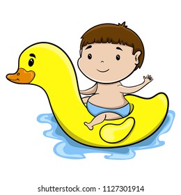 cartoon boy floating on inflatable in the forms of ducks, vector illustration