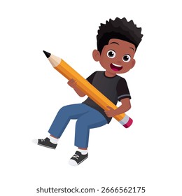 Cartoon Boy Floating while carrying a Giant Pencil, School Concept Vector illustration