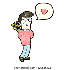 niño de caricatura con flores detrás