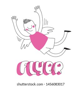 cartoon boy flyer, vector contour sketch isolated on white background with a lettering title.