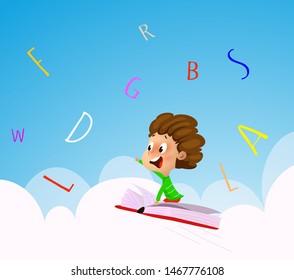 Cartoon boy flying over the sky through the alphabet. Educetion concept