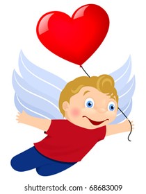 Cartoon boy flying with red heart balloon