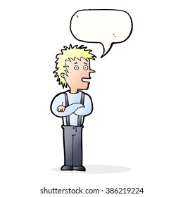 niño de caricatura con los brazos doblados con burbuja de habla