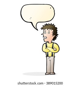 cartoon boy with folded arms with speech bubble