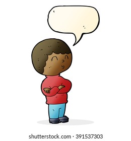 cartoon boy with folded arms with speech bubble