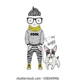 cartoon boy with french bulldog , kid illustration