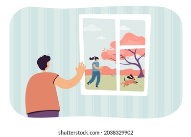 Cartoon Boy In Front Of Window Waving To Friend Outside. Kid Watching Girl Running With Dog Flat Vector Illustration. Quarantine, Communication Concept For Banner, Website Design Or Landing Web Page