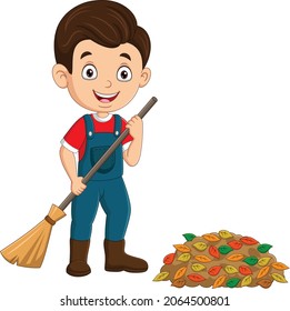 Cartoon boy gardener raking leaves